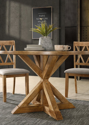 English Elm Windvale Round Farmhouse Dining Set Seats Four with Chenille Chairs Cottage Oak Finish T2574S00011