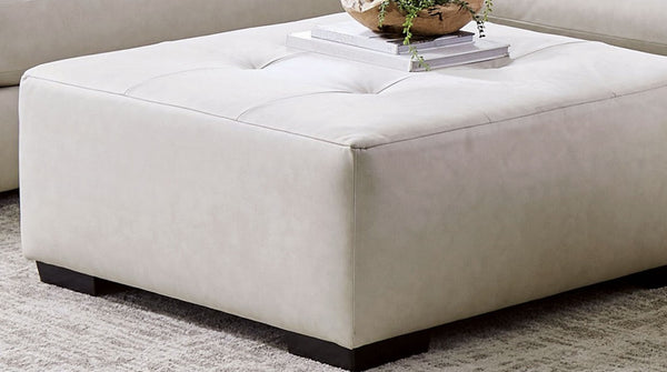 English Elm Transitional Ottoman With Biscuit-Tufting, Ivory Leatherette, And Sturdy Wooden Legs For Versatile Use B2741P355172-GIGA