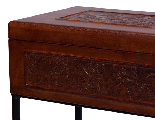 Sarreid Botanical Decorative Storage Box On Stand – Embossed Leather With Faux Bamboo Iron Base Design Brown  18446