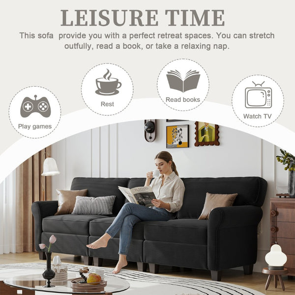 English Elm 94" Corduroy Three Seater Sofa Deep Cushioned Solid Wood Frame Modern Living Room Couch Black W2715S00008