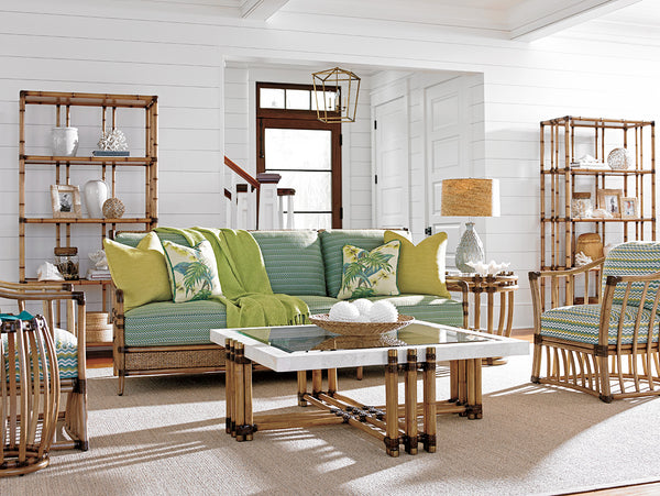 Lexington Tommy Bahama Home Weston Luxurious Cocktail Table With Cordova Stone Top, Brass Inlay & Elegant Leather Wrapped Frame Bermuda Sands  558-947