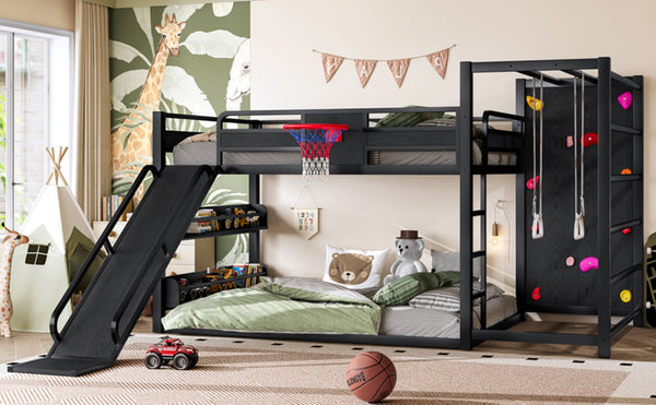 English Elm Twin Metal Loft Bed with Slide Basketball Hoop Climbing Wall and Built-in Shelves W1580S00343