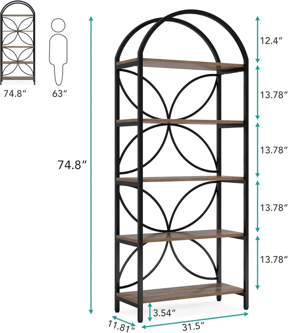 English Elm Storage Bookshelf with Vine Panel Design Seven Open Tiers for Living Room or Office T3971P463755