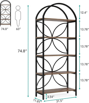 English Elm Storage Bookshelf with Vine Panel Design Seven Open Tiers for Living Room or Office T3971P463755