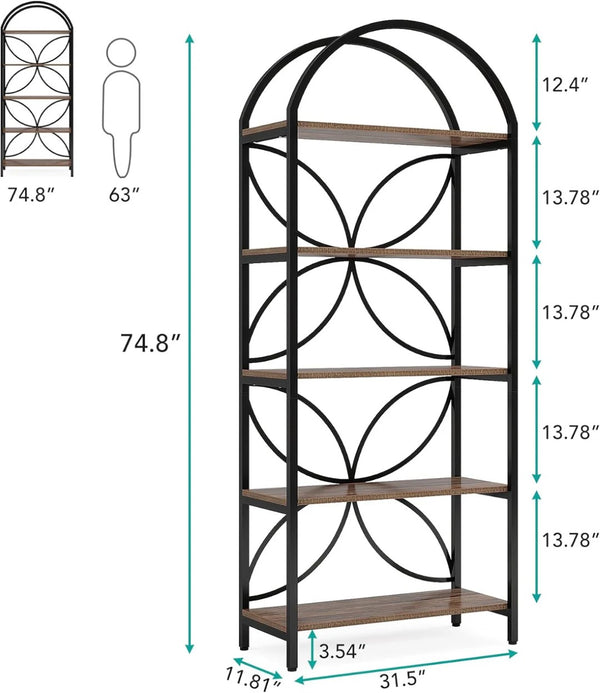 English Elm Storage Bookshelf with Vine Panel Design Seven Open Tiers for Living Room or Office T3971P463755