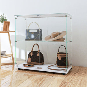 English Elm Tempered Glass Display Cabinet With Bluetooth Led Light, Lockable Casters For Stylish Storage Solutions W3155P290424-GIGA