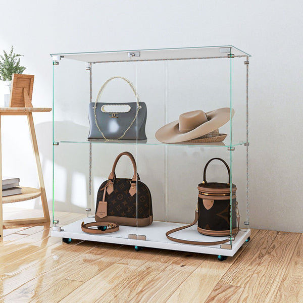 English Elm Tempered Glass Display Cabinet With Bluetooth Led Light, Lockable Casters For Stylish Storage Solutions W3155P290424-GIGA