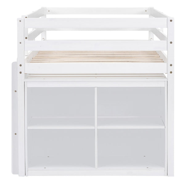 English Elm Twin Loft Bed Pinewood Frame Four Drawers Retractable Study Desk Kids Bedroom White LT000368AAK