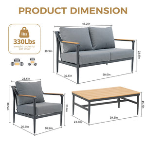 English Elm 4-piece Outdoor Aluminum Conversation Set with Thick Olefin Cushions Teak Accent Table T5880S00022