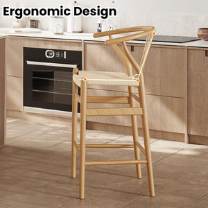 English Elm Wishbone Rattan Barstool with Woven Papercord Seat, Solid Ash Wood, Eco-Friendly Finish, Fully Assembled Natural T3623P379819