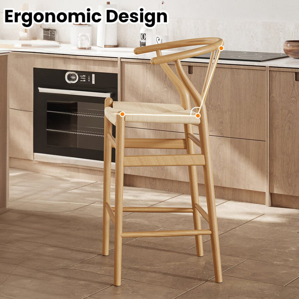 English Elm Wishbone Rattan Barstool with Woven Papercord Seat, Solid Ash Wood, Eco-Friendly Finish, Fully Assembled Natural T3623P379819