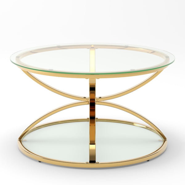 English Elm 31.50'' Round Chrome Ring Glass Coffee Table Two Tier Smoked Tempered Top Modern Living Room W757P412805