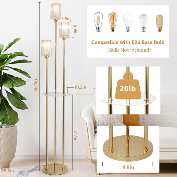 English Elm Gold Crystal Floor Lamp with Dual Shelves, Brass Mid-Century Standing Light, Foot Switch, 66" Tall W2738P400603
