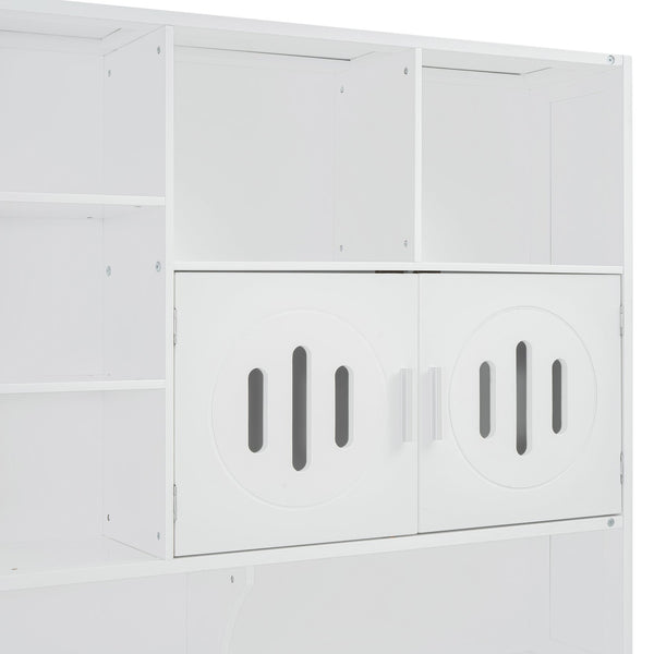 English Elm Full Size Wooden Daybed With Hydraulic Lift, Integrated Storage Cabinet & Stylish Shelving, White N820S00047K