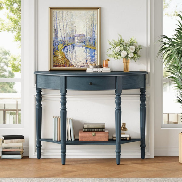 English Elm Trexm Farmhouse Half Moon Entryway Console with Drawer Open Shelf Pine Legs Navy N715P383795M