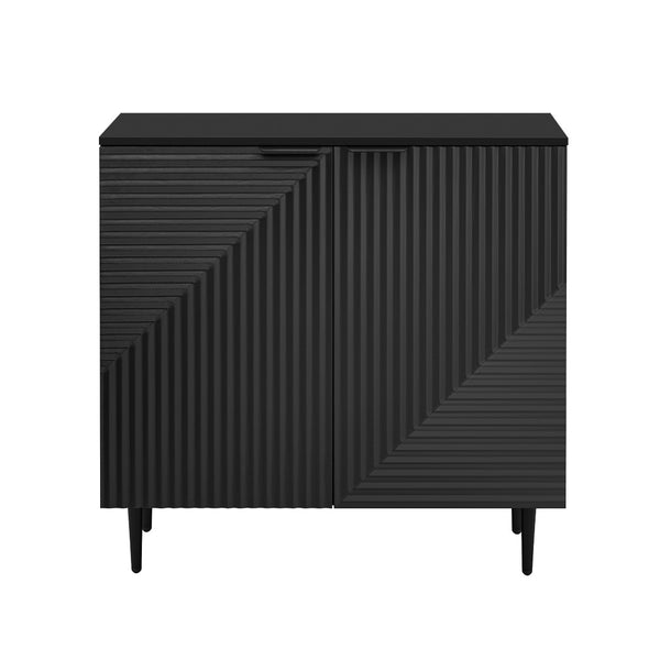 English Elm Mirod Lacquered Side Cabinet Geometric Door Panels Metal Legs Adjustable Interior Shelves Black N760P221050B