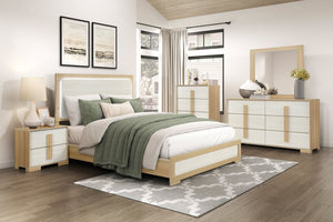 English Elm Contemporary LED Panel Queen Bed with Integrated Lighting, Sleek Wooden Frame and Modern Headboard Design Natural,White 67.5 L x 30.5 W x 5.5 H B011S01704