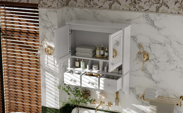 English Elm 4-in-1 Wall Mounted Bathroom Cabinet with Mirror Drawers and Towel Hooks Vanity White N710P405416K