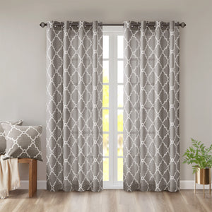 JLA Home Madison Park - Fretwork metallic fret pattern curtain panel with cotton-blend basket weave and gunmetal grommets for soft light filtration and modern texture Grey/White MP40-2018