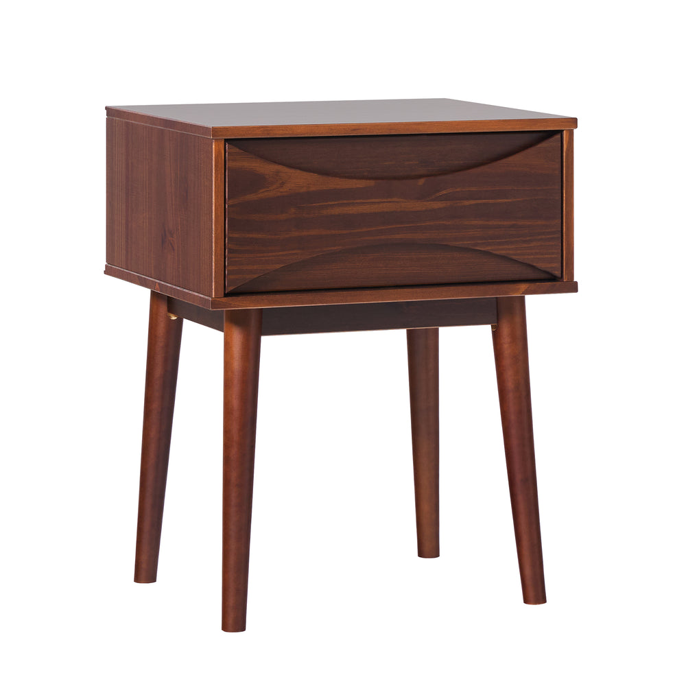 English Elm Walker Edison - Mid-Century Solid Pine 1-Drawer Nightstand in Walnut — Retro Tapered Legs, Curved Drawer, Compact Design B185P168951