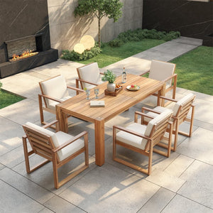 English Elm Trexm Acacia Wood Outdoor Dining Set Seats Six with Umbrella Hole Rustic Patio Beige,Light Teak TM000019AAD