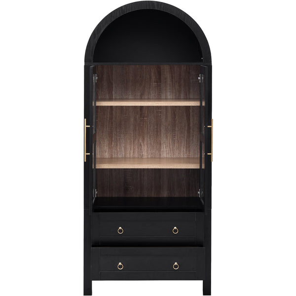 English Elm K&K 71" Arched Kitchen Pantry Cabinet with Glass Doors, Adjustable Shelves, Soft-Close Drawers Black N707P288972B