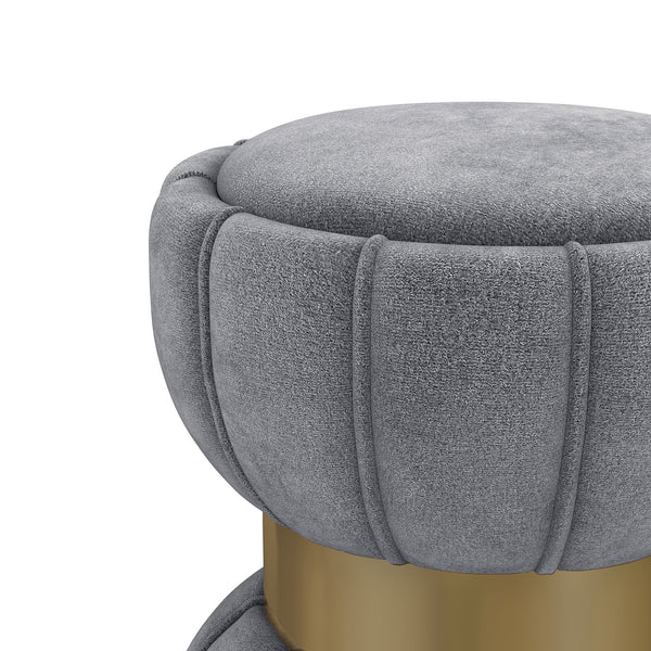 English Elm Inez Grey Hourglass Ottoman with Vertical Ribbed Upholstery and Gold Band Accent — Plush Chic Statement Piece B062P299967