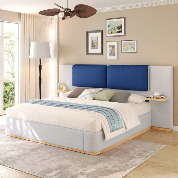 English Elm Christopher Knight Home® - King PU Leather Bed Frame with Wingback Headboard & Footboard, Gold Accents, Platform Slat Support, Elegant Design Blue+Grey 76.4 L x 12.75 W x 8.75 H N761S0000024E