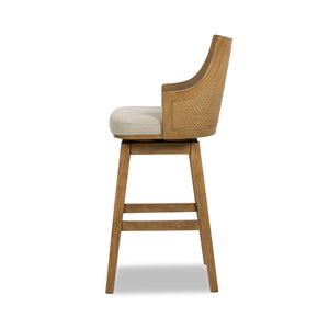 English Elm Jennifer Taylor Home - Bahama 30" Cane Rattan High-Back Swivel Bar Stool – Handcrafted Rubberwood, Wool-Poly Blend Upholstery, Brass Footrest Beige B2719P395567