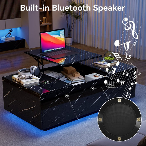 English Elm Coffee Table with Led Lighting Bluetooth Speaker Wireless Charging and Faux Marble Top T3773P415730