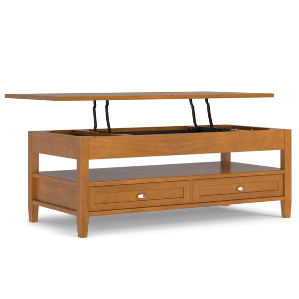English Elm Warm Shaker Solid Wood Lift Top Coffee Table with Storage Drawers and Open Shelf B136P429089
