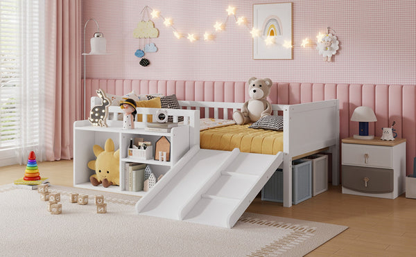 English Elm Twin Low Loft Kids Bed with Fun Slide Climbing Structure and Movable Bookshelf White W2593P437109