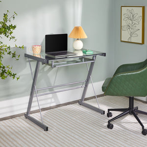 English Elm Walker Edison - Modern Metal And Glass Computer Desk With Keyboard Tray - Silver