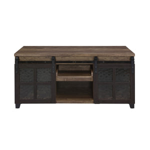 English Elm Rustic Oak and Black Coffee Table with Glass Sliding Barn Doors, Hidden Storage Compartments, 47.5" wide B062P181396