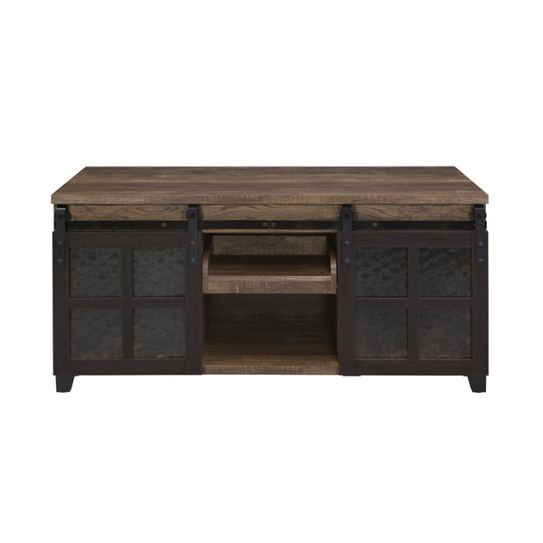 English Elm Rustic Oak and Black Coffee Table with Glass Sliding Barn Doors, Hidden Storage Compartments, 47.5" wide B062P181396