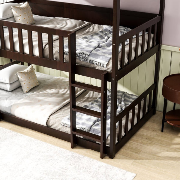 English Elm Twin Size Triple Bunk Bed In Espresso - Space-Saving Rubberwood Design With Ladders And Guardrails W504S00243-GIGA