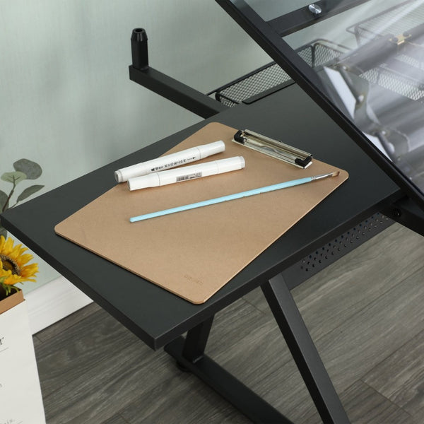 English Elm Drafting Table with Tempered Glass Top Tilt Adjustable Frame and Built in Storage Drawers W347P421209