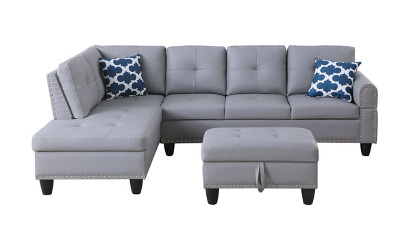 English Elm Irine Faux Leather Sectional Sofa with Ottoman, Storage Ottoman, Nailhead Trim, Cup Holders, Classic Comfort Gray B102S00069