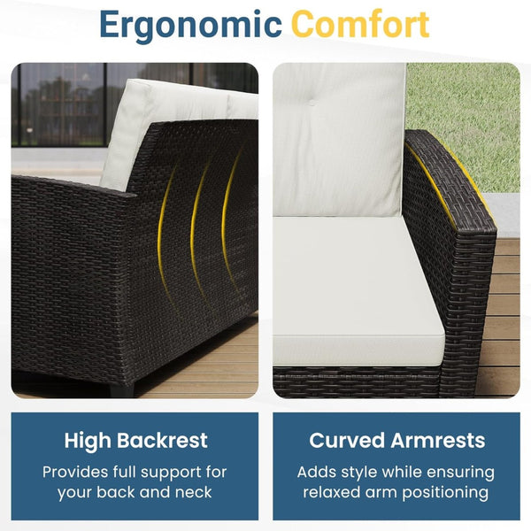 English Elm 4-piece Wicker Outdoor Conversation Set with Acacia Wood Table and Foam Cushions Beige+Brown B082S00061
