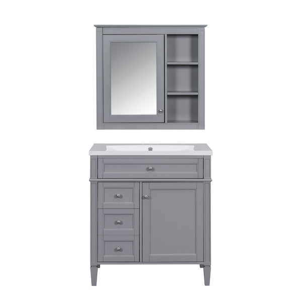 English Elm 30'' Modern Bathroom Vanity with Integrated Mirror Cabinet, Ceramic Sink, 3 Drawers & Ample Storage Grey SW000126AAE-1