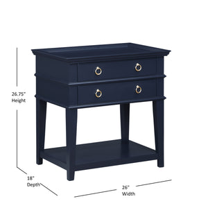 English Elm Carmona Midnight Blue Tray Top Nightstand with Two Drawers, Open Shelf, Brushed Gold Ring Pulls Dark Blue B050P376935