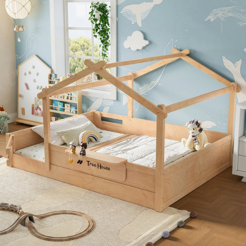 English Elm Queen House Shaped Kids Floor Bed Pine Wood Frame with Guardrails and Personalized Headboard Natural W1580P396335