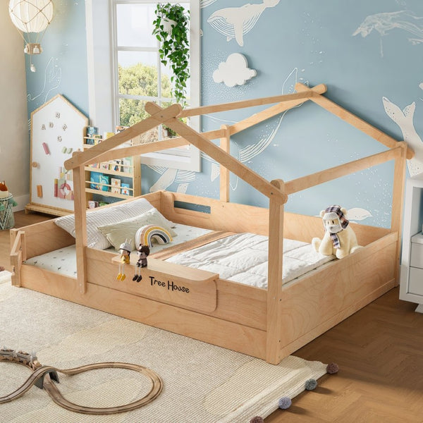 English Elm Queen House Shaped Kids Floor Bed Pine Wood Frame with Guardrails and Personalized Headboard Natural W1580P396335