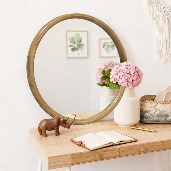 English Elm Round Natural Wood Frame Wall Mirror Mid-century Scandinavian Style for Any Room W2295P457200