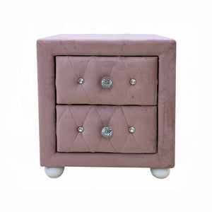 English Elm Beautiful Pink Fabric Nightstand with Two Drawers, Crystal Knobs, Rounded White Bun Feet, 17" Cubic Stylish Accent Table B2741P323124