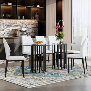 English Elm Table Set Oval Tempered Glass Top with Six Shell Back Pu Chairs Modern Dining Room W1151S04757