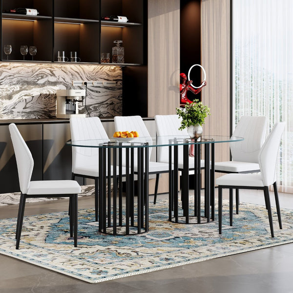 English Elm Table Set Oval Tempered Glass Top with Six Shell Back Pu Chairs Modern Dining Room W1151S04757