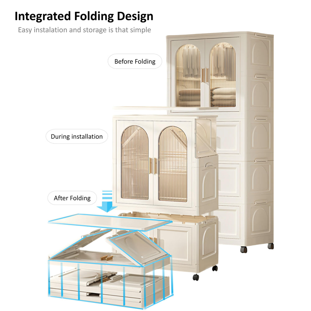English Elm 25.59" Cream White Folding Wardrobe with Wheels, Magnetic Door, Durable PP, 1 Closet + 3 Boxes +10 Hangers W2873P239389