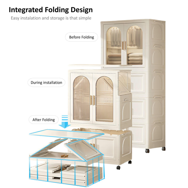 English Elm 25.59" Cream White Folding Wardrobe with Wheels, Magnetic Door, Durable PP, 1 Closet + 3 Boxes +10 Hangers W2873P239389
