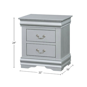 English Elm Wooden Two-Drawer Nightstand with Grooved Panels and Washed Finish — Transitional Bedroom Focal Point Silver grey B016P256195